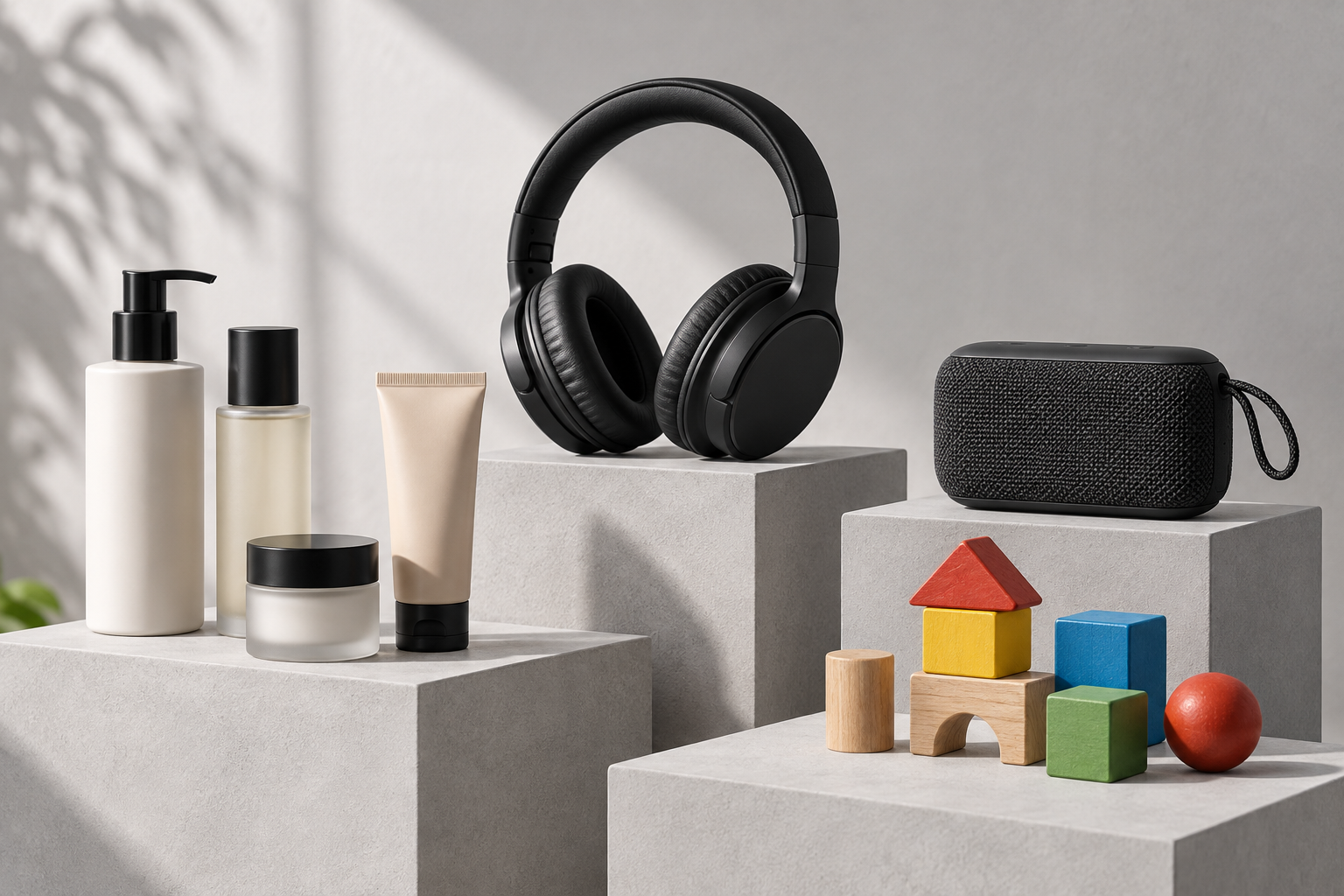 A selection of beauty bottles, headphones and colourful toys